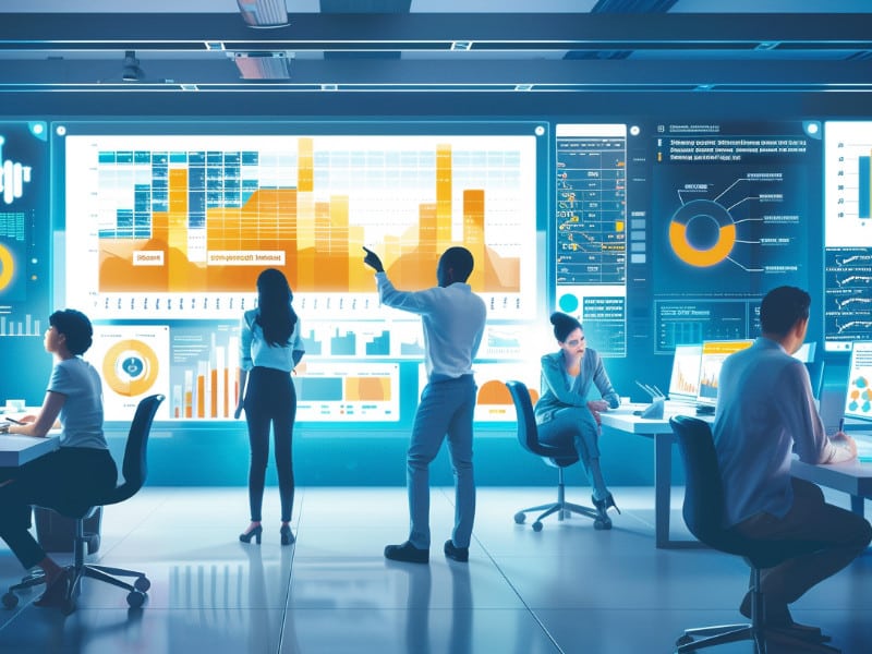 Salle de contrôle avec personnel et graphiques.