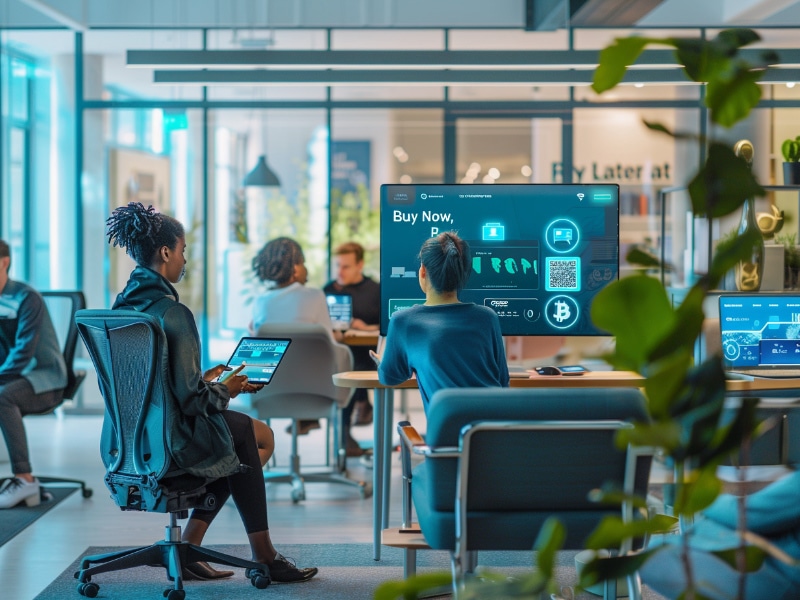 Bureau moderne, écran cryptomonnaies, employés travaillant.