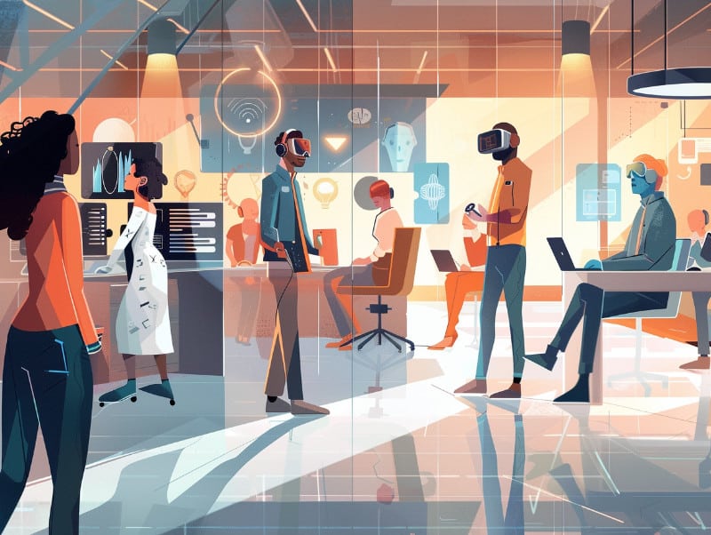 Bureau futuriste avec employés utilisant technologies avancées.